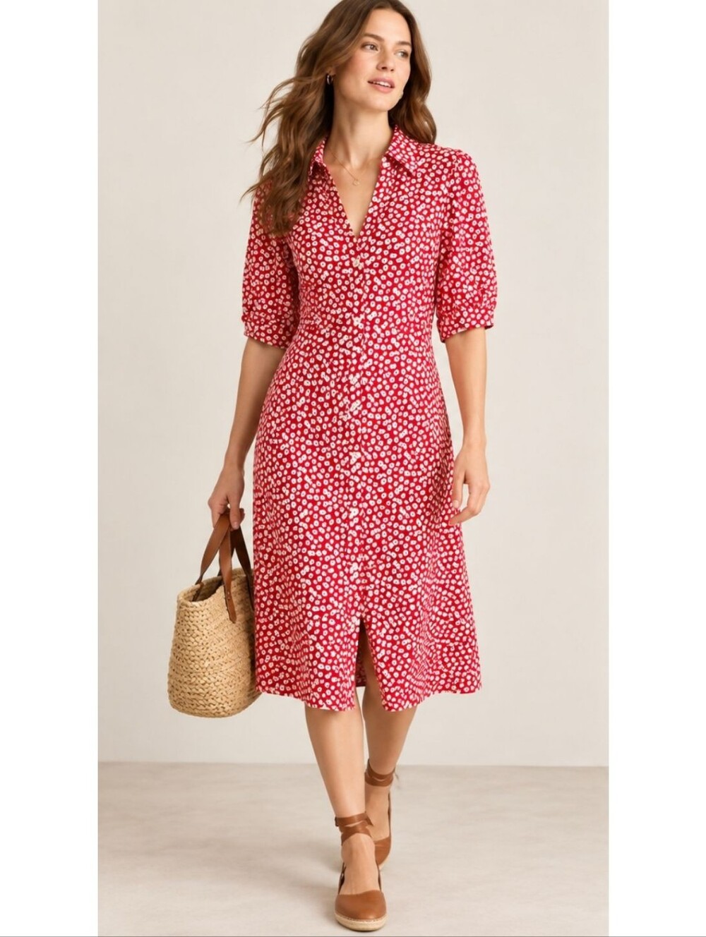 Boden Red White Floral A Line Dress Button Down Classic Short Sleeve Cotton